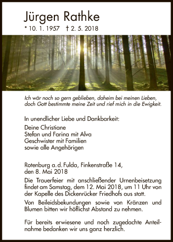 Traueranzeige von Jürgen Rathke von HNA