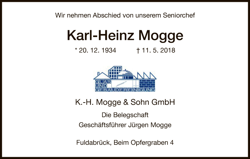  Traueranzeige für Karl-Heinz Mogge vom 19.05.2018 aus HNA