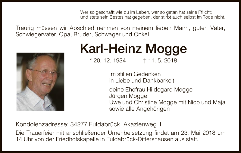  Traueranzeige für Karl-Heinz Mogge vom 19.05.2018 aus HNA