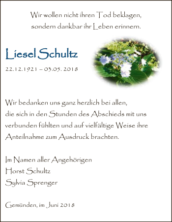 Traueranzeige von Liesel Schultz von HNA