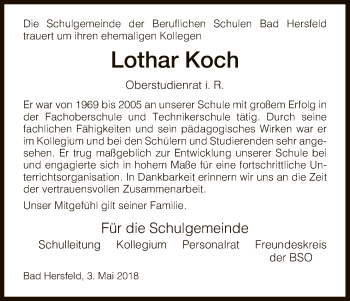 Traueranzeige von Lothar Koch von HNA