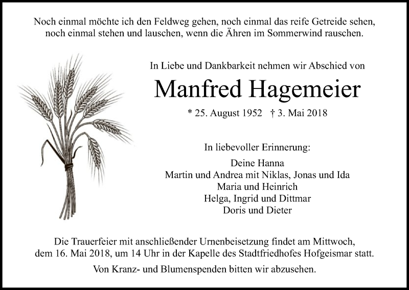  Traueranzeige für Manfred Hagemeier vom 12.05.2018 aus HNA