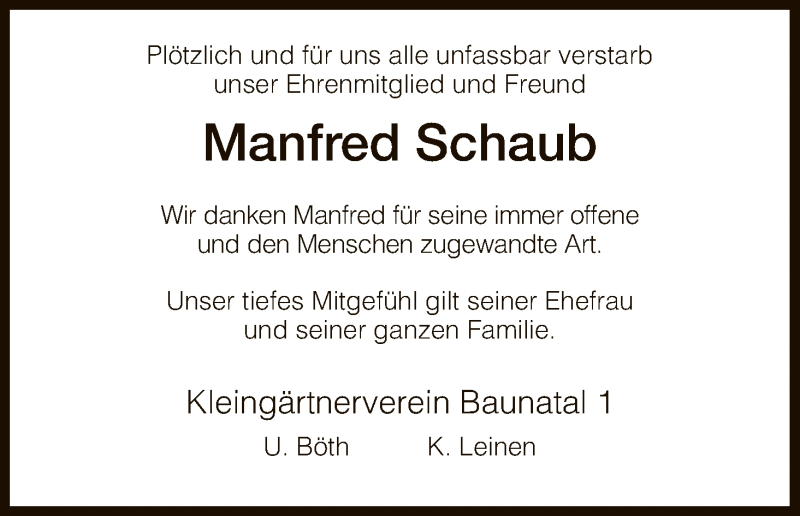  Traueranzeige für Manfred Schaub vom 30.05.2018 aus HNA