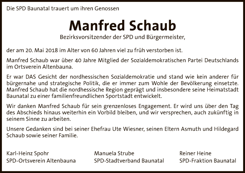 Traueranzeige für Manfred Schaub vom 26.05.2018 aus HNA