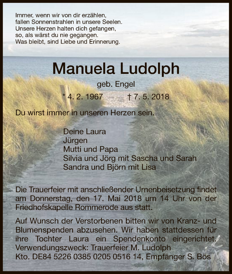  Traueranzeige für Manuela Ludolph vom 12.05.2018 aus HNA