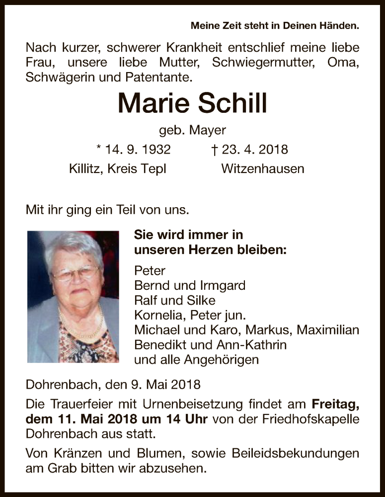  Traueranzeige für Marie Schill vom 09.05.2018 aus HNA