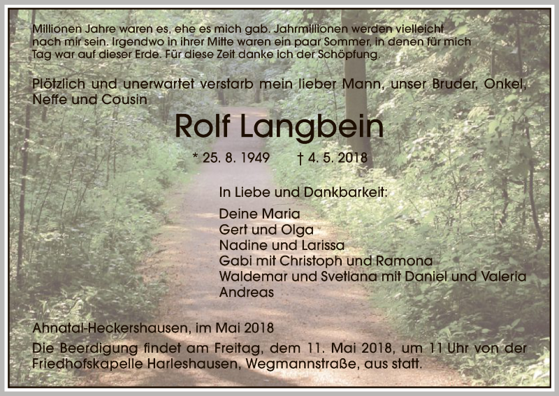  Traueranzeige für Rolf Langbein vom 08.05.2018 aus HNA