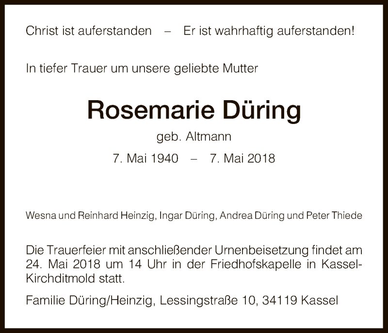  Traueranzeige für Rosemarie Düring vom 16.05.2018 aus HNA