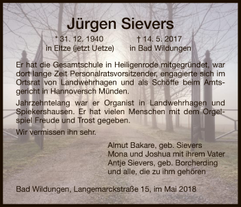 Traueranzeige von Sievers Jürgen von HNA