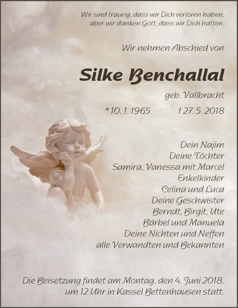  Traueranzeige für Silke Benchallal vom 31.05.2018 aus HNA