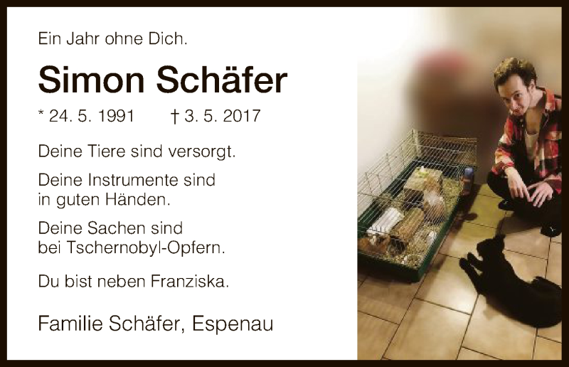  Traueranzeige für Simon Schäfer vom 03.05.2018 aus HNA