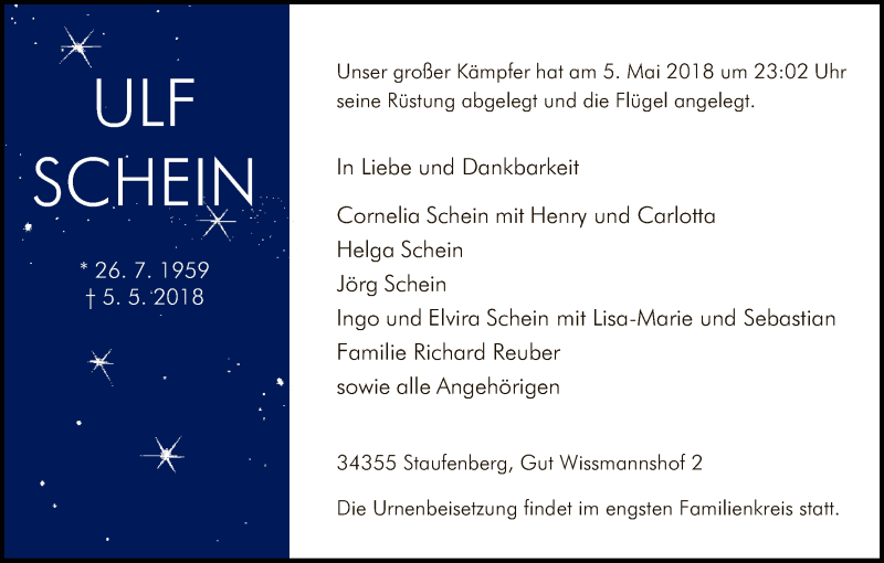  Traueranzeige für Ulf Schein vom 12.05.2018 aus HNA
