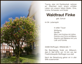 Traueranzeige von Waldtraut Finke von HNA