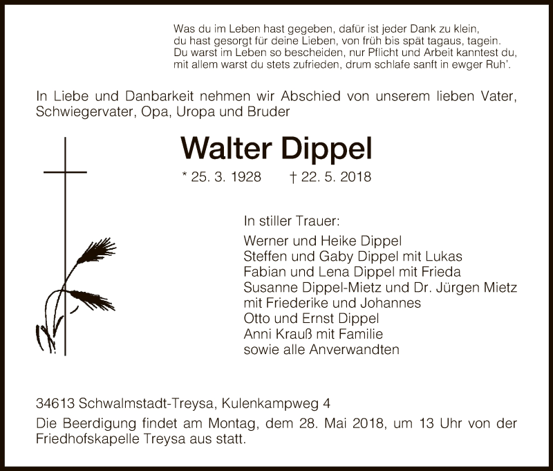  Traueranzeige für Walter Dippel vom 25.05.2018 aus HNA