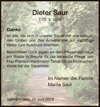 Traueranzeige von Dieter Saur von HNA