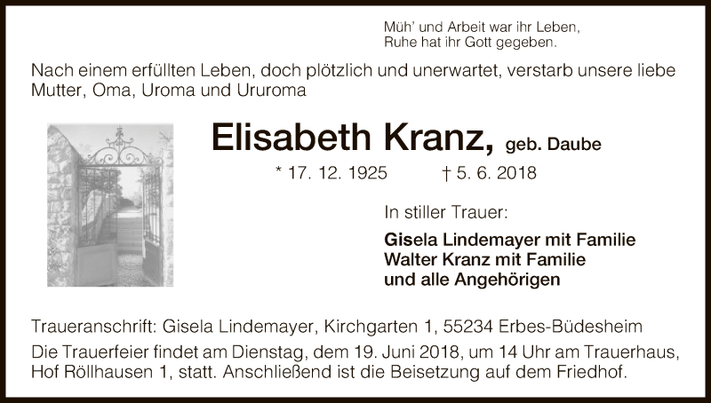  Traueranzeige für Elisabeth Kranz vom 16.06.2018 aus HNA
