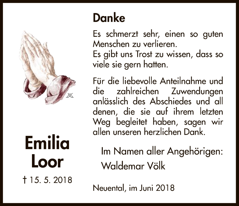  Traueranzeige für Emilia Loor vom 09.06.2018 aus HNA