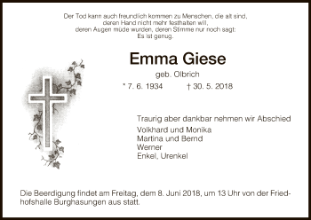 Traueranzeige von Emma Giese von HNA