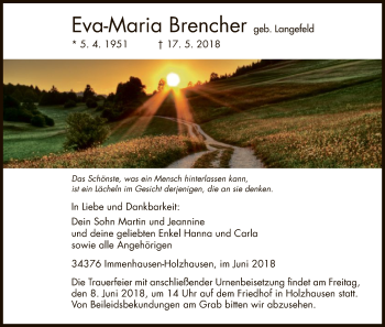Traueranzeige von Eva-Maria Brencher von HNA