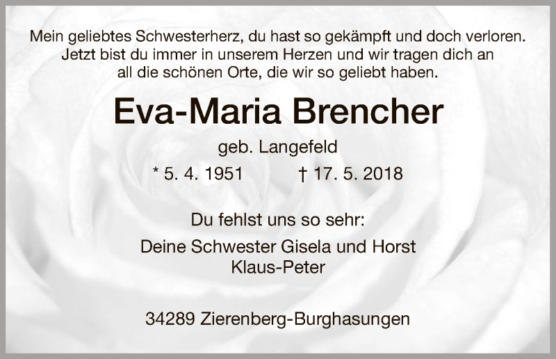  Traueranzeige für Eva-Maria Brencher vom 05.06.2018 aus HNA