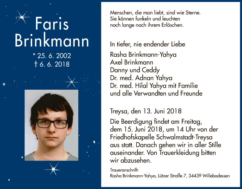  Traueranzeige für Faris Brinkmann vom 13.06.2018 aus HNA