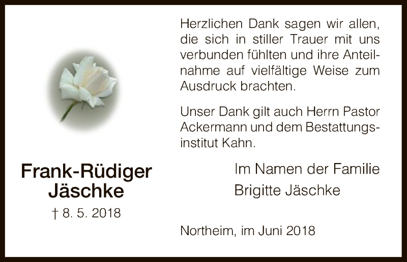  Traueranzeige für Frank-Rüdiger Jäschke vom 09.06.2018 aus HNA