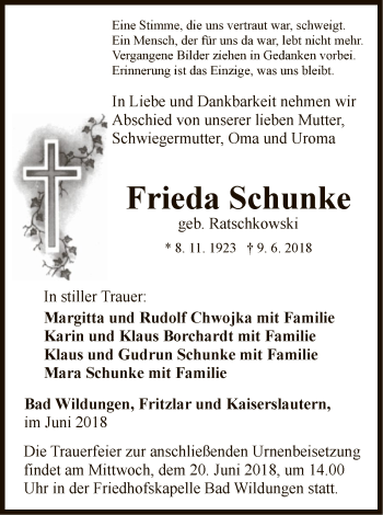 Traueranzeige von Frieda Schunke von HNA