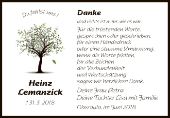 Traueranzeige von Heinz Lemanzick von HNA