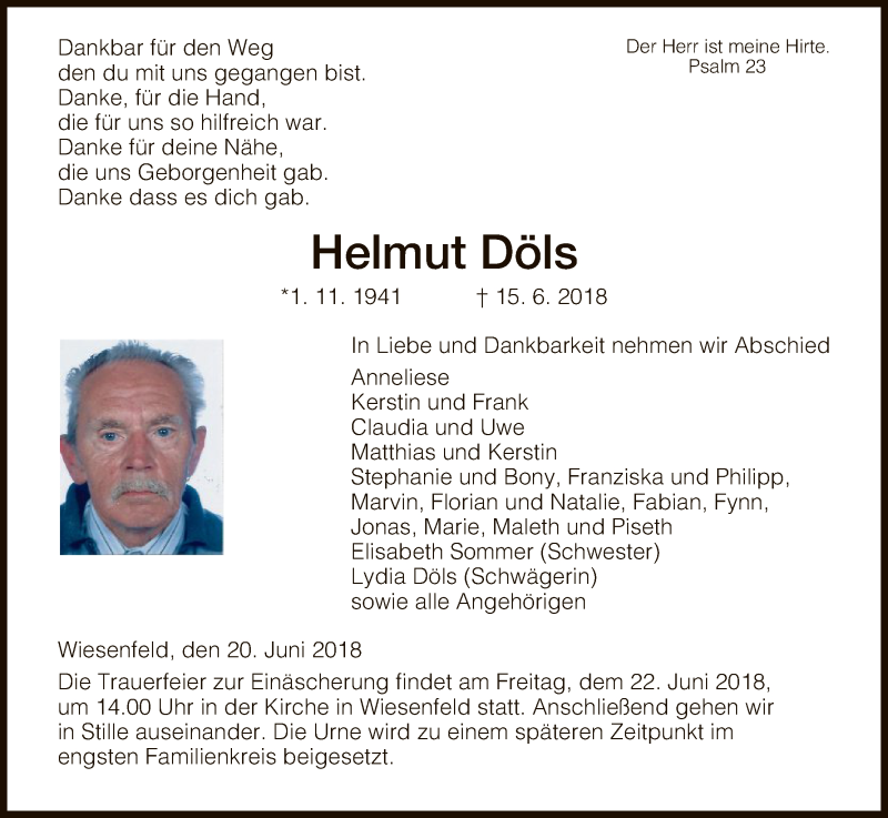  Traueranzeige für Helmut Döls vom 20.06.2018 aus HNA