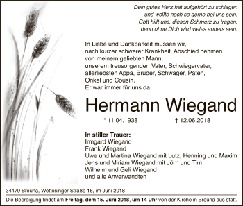 Traueranzeige von Hermann Wiegand von HNA