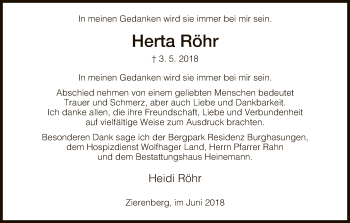Traueranzeige von Herta Röhr von HNA
