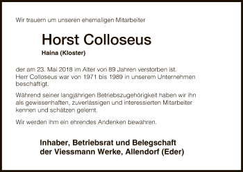 Traueranzeige von Horst Colloseus von HNA