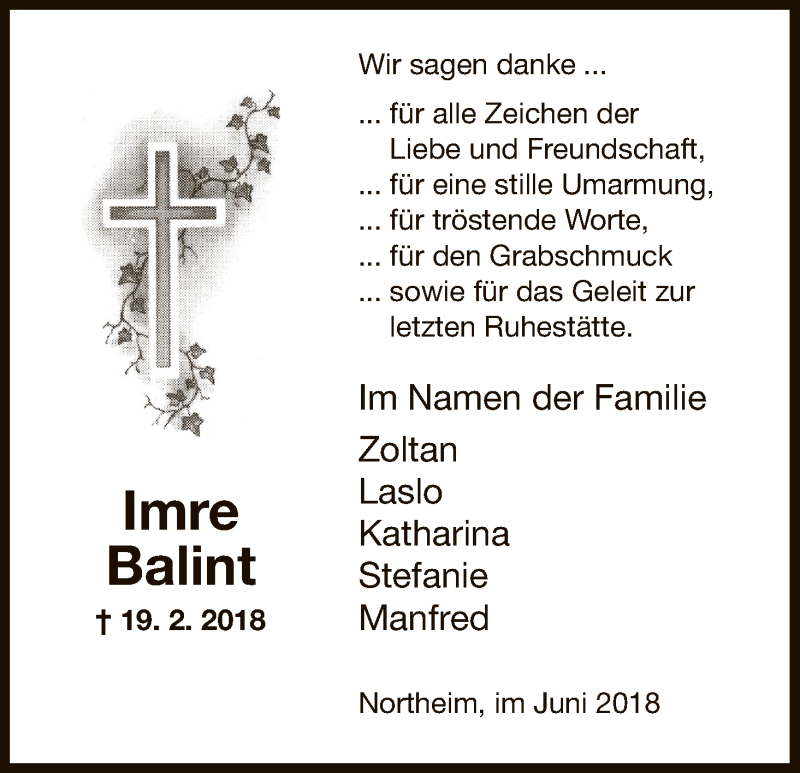  Traueranzeige für Imre Balint vom 02.06.2018 aus HNA