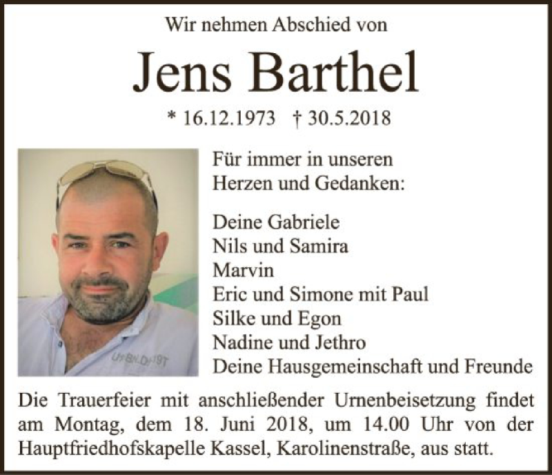  Traueranzeige für Jens Barthel vom 13.06.2018 aus HNA