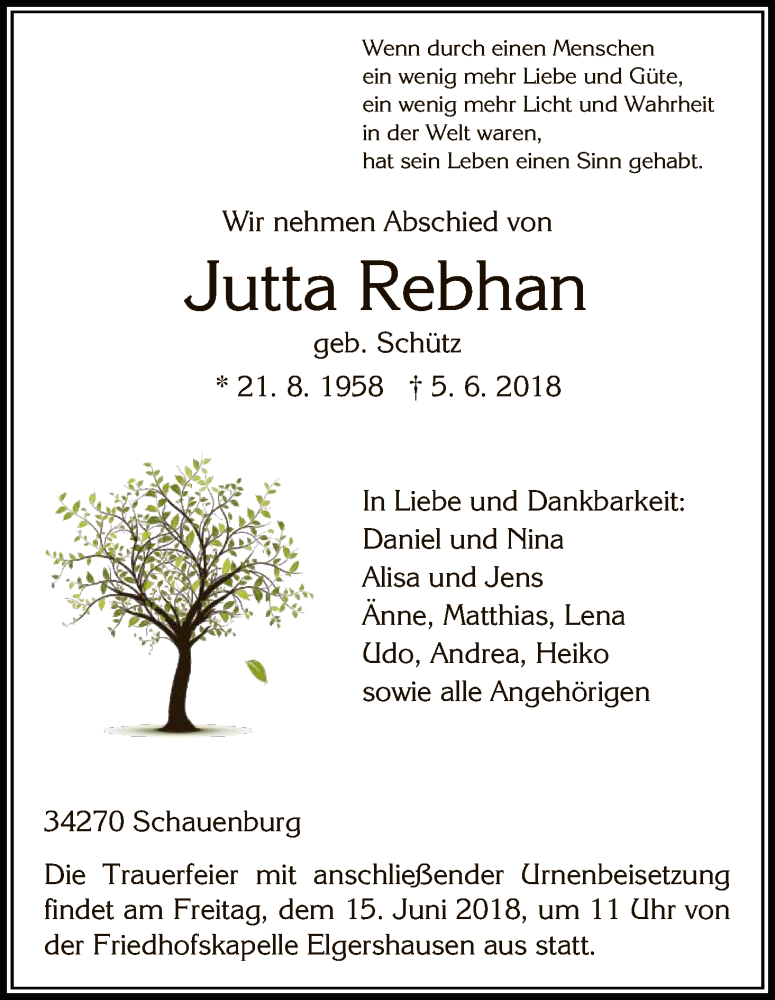  Traueranzeige für Jutta Rebhan vom 09.06.2018 aus HNA