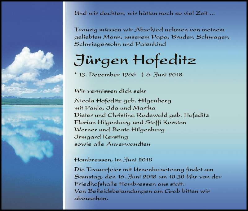  Traueranzeige für Jürgen Hofeditz vom 13.06.2018 aus HNA