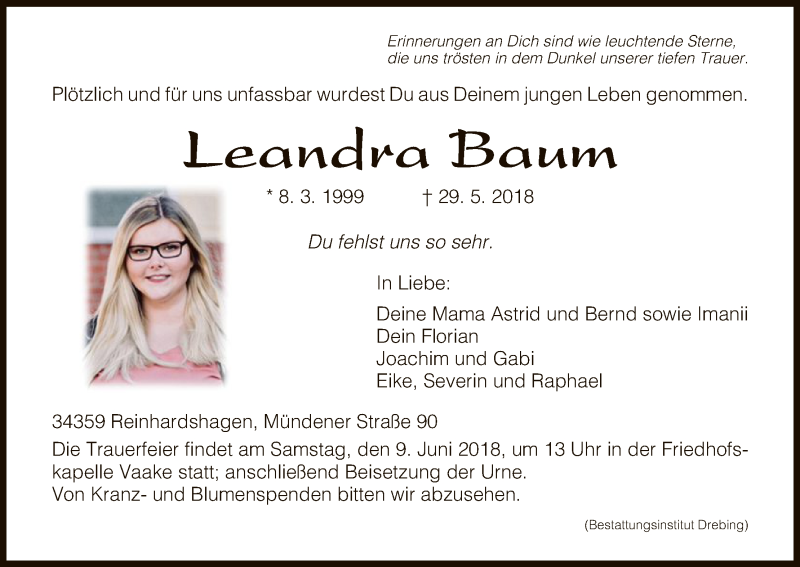 Traueranzeigen Von Leandra Baum Trauer Hna De