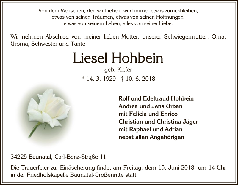  Traueranzeige für Liesel Hohbein vom 13.06.2018 aus HNA