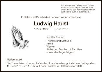 Traueranzeige von Ludwig Haust von HNA