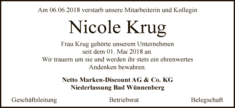  Traueranzeige für Nicole Krug vom 13.06.2018 aus HNA