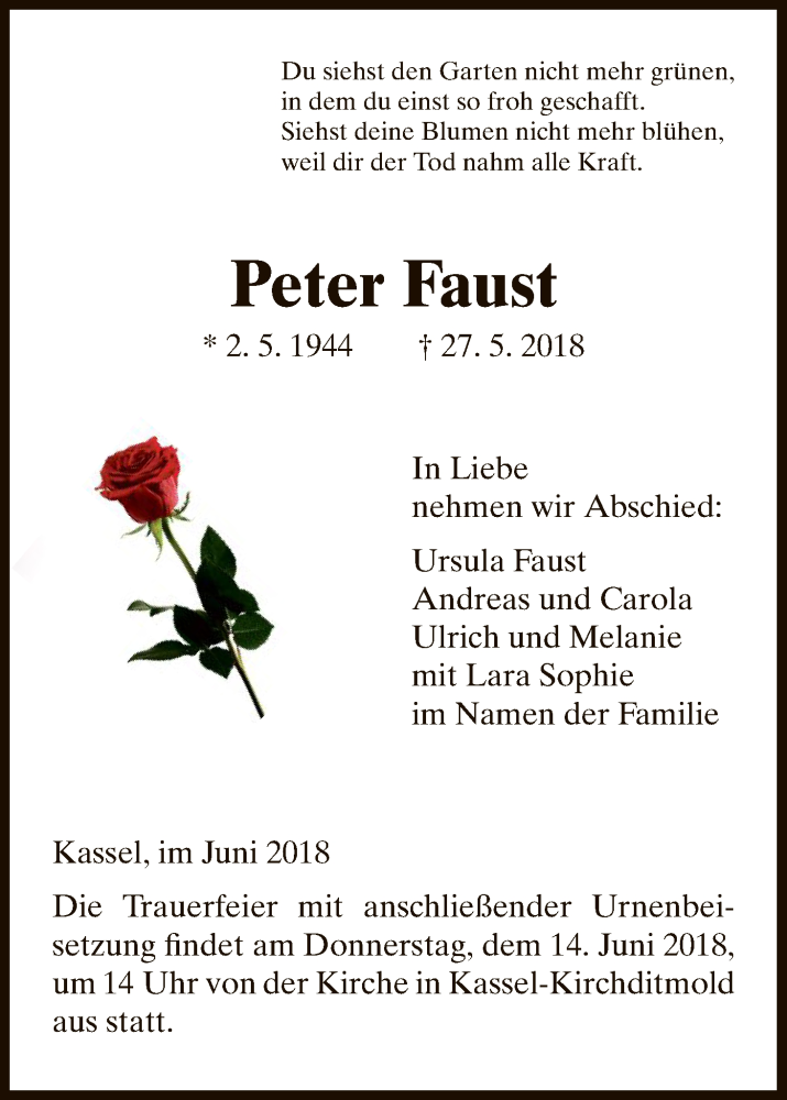  Traueranzeige für Peter Faust vom 09.06.2018 aus HNA