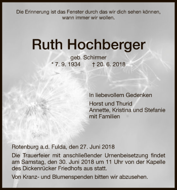 Traueranzeige von Ruth Hochberger von HNA
