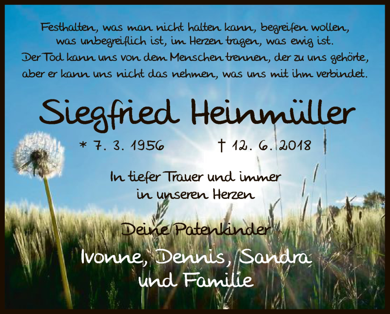  Traueranzeige für Siegfried Heinmüller vom 16.06.2018 aus HNA