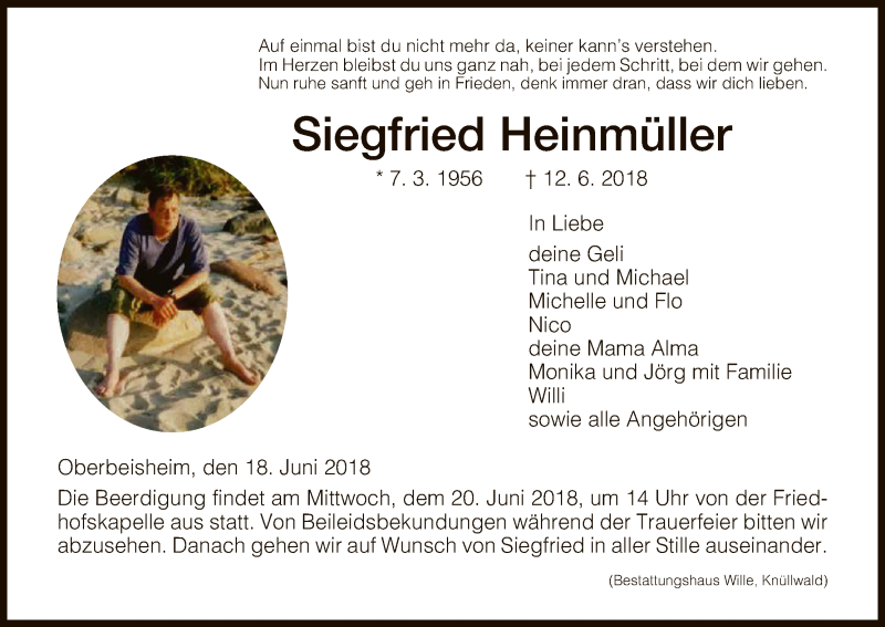  Traueranzeige für Siegfried Heinmüller vom 18.06.2018 aus HNA
