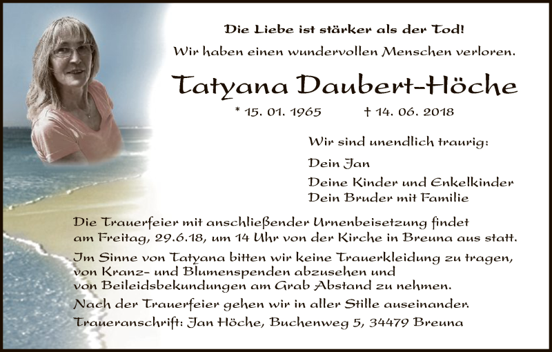  Traueranzeige für Tatyana Daubert-Höche vom 23.06.2018 aus HNA