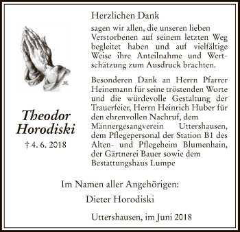 Traueranzeige von Theodor Horodiski von HNA