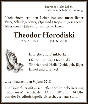 Traueranzeige von Theodor Horodiski von HNA