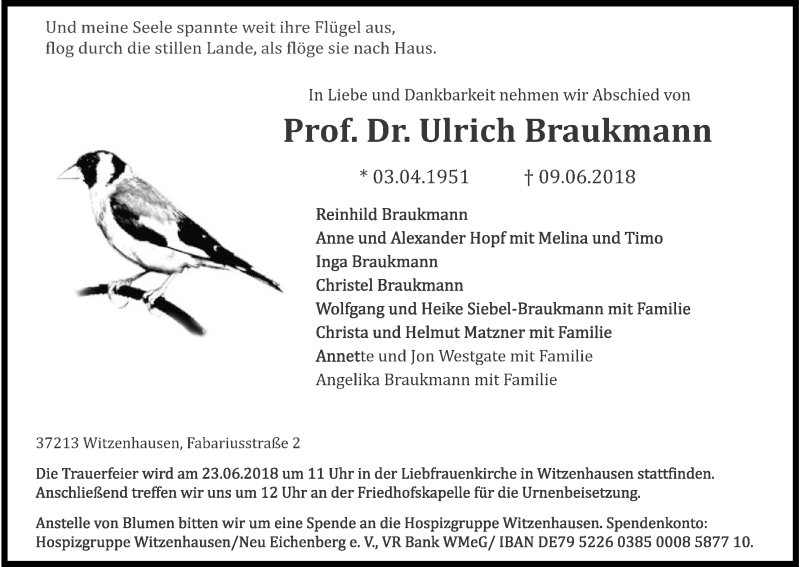  Traueranzeige für Ulrich Braukmann vom 13.06.2018 aus HNA