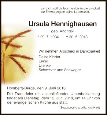 Traueranzeige von Ursula Hennighausen von HNA