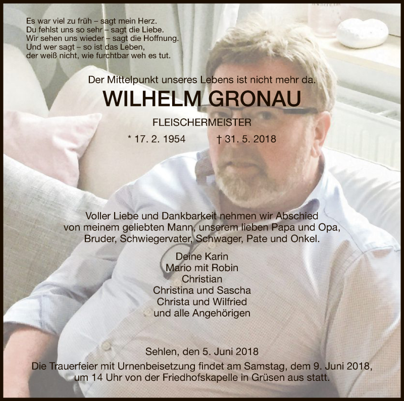  Traueranzeige für Wilhelm Gronau vom 05.06.2018 aus HNA